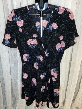 Rue21 Black Faux Wrap Pink Floral Print Swiss Dots Mini Fit & Flare Dress